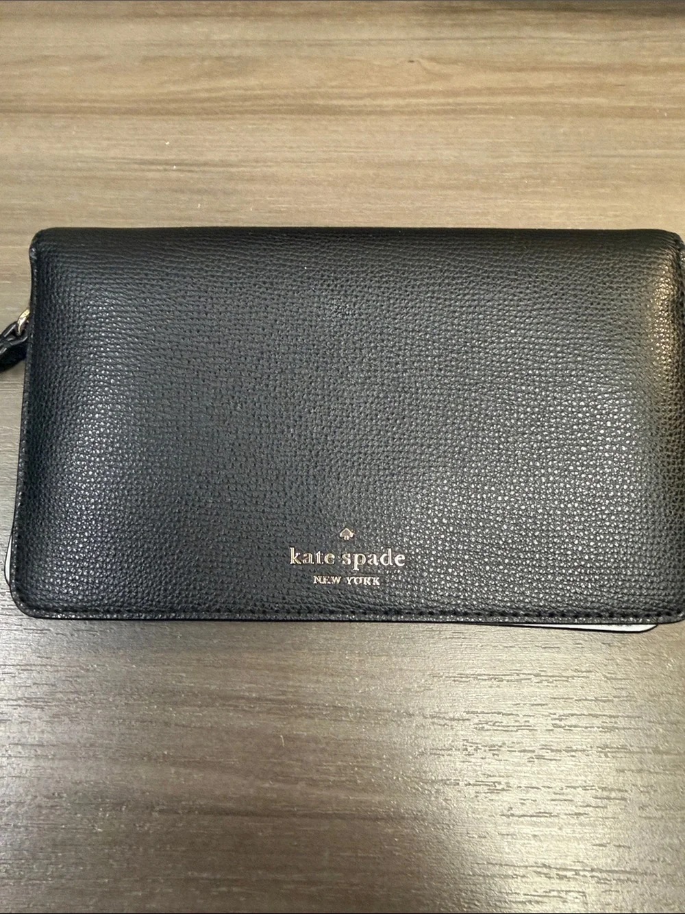 kate spade black pebbled leather snap wallet with gold logo